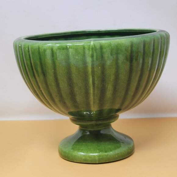 Vintage Green Speckled Haeger USA Ribbed Ceramic Pedestal Footed Bowl - Picture 4 of 8